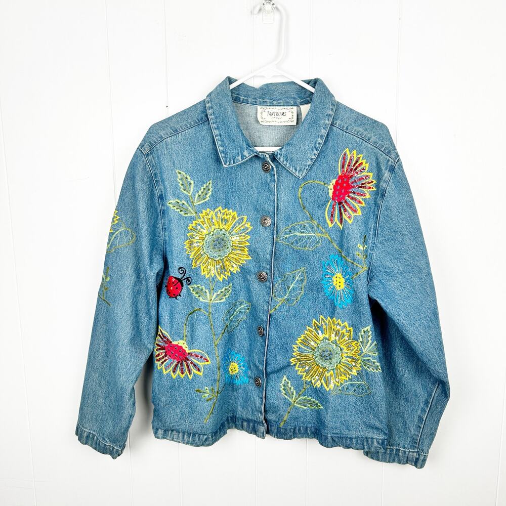 Tantrums Denim Floral Embroidered and Sequin Long Sleeve Jacket S